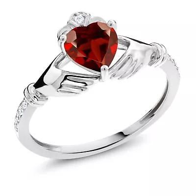 10K White Gold Garnet And Diamond Irish Celtic Claddagh Ring (1.06 Ct Heart • $249.99