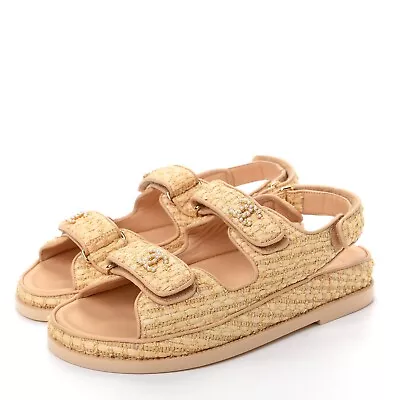 Chanel Dad Sandal 21C Beige Raffia Pearl CC Logo Flat Slide 37 7 FULL SET • $900