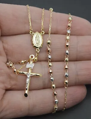 $329 • Buy 10k Solid Yellow Gold Colored Beads Rosary Virgin Mary Jesus Cross Necklace 24 