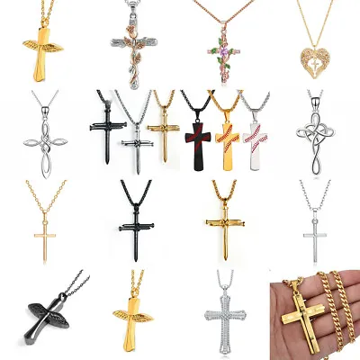 Stainless Steel Cross Pendant Necklace Zirconia Chain Women Men Jewelry Gift Lot • $2.09