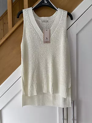 TU Size 8 Off White / Cream Tape Yarn Longline Vest Top Tank Knit Woven BNWT • £8.99