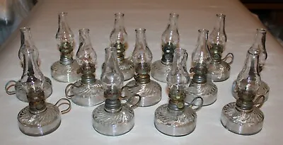 Antique Miniature Oil Lamp Blown/Pressed Clear Glass W/Wire Handle Lot Of 13 • $350.90