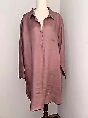 Sussan 100% Linen Shirt Dress Dusty Rose Pink Button Up Sleeve Size Large • $27.99