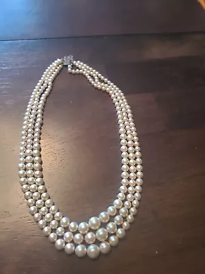 Vintage Triple / 3 Strand Faux Pearl Necklace Antique Looking Clasp • $25