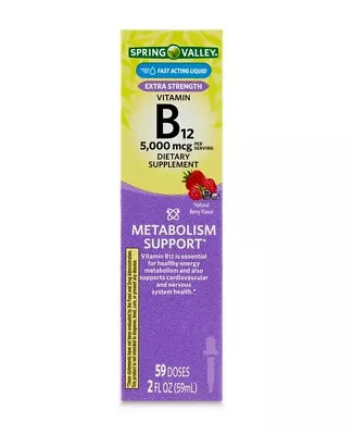 Spring Valley Liquid Vitamin B12 5000mcg Metabolism Supplement Berry 2 Fl Oz • $10.90