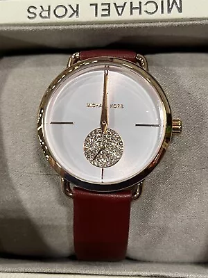 Michael Kors Womens Watch Glitz Crystals Rose Gold Red Leather • $54.99