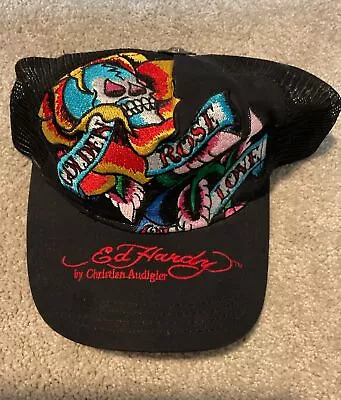 Ed Hardy Black Skull Love Kills  Metal Skull Button Trucker Snapback Mesh Hat • $25