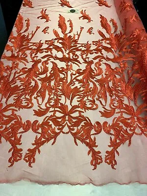 ONE Yard French Mesh Lace Embroidered Fabric Leafs With Stones (Red Color) Veil  • $39.99