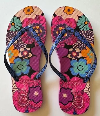 Vera Bradley FLORAL FIESTA Flip Flops/Pink Flower Thongs W/Blue Straps SZ L 9-10 • $11.99