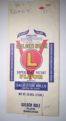 Vintage Paper Sack Bag - GOLDEN RULE FLOUR GALVESTON MILLS GRETNA VA  1975 • $12