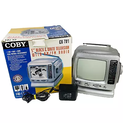 COBY CX-TV1 Portable 5  Black & White Television W/ AM/FM Radio & Box Works Read • $36.95