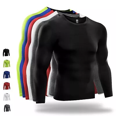 Mens Compression Base Layer Top Long Sleeve Thermal Tight Tops Sports Gym Shirts • £9.73