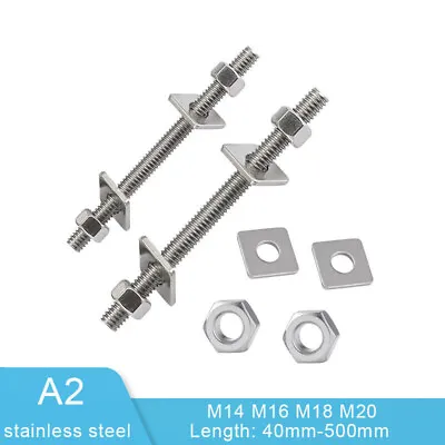 £6.95 • Buy M14-M20 Fully Threaded Bar A2 Stainles Rod Studding Stud+Square Washers/Hex Nuts