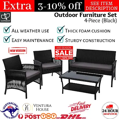 $331.41 • Buy Gardeon Outdoor Furniture Lounge Setting Rattan Wicker 4pc Set Chair Table Black