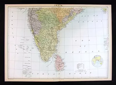 1879 Black Atlas Map - South India - Ceylon Bombay Madras Bengal Trimcomalee • $19.99