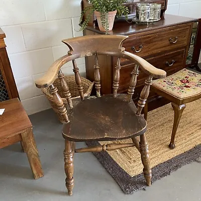 £135 • Buy FREE DELIVERY Antique Captains Smokers Desk Chair Armchair Bow Back Saddle Seat