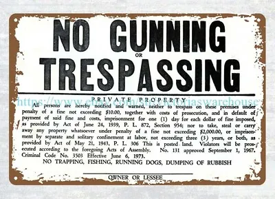 1970s Pennsylvania PA No Gunning Hunting Trespassing Metal Tin Sign Pub Studio • $15.99
