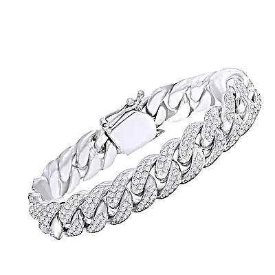 Men's Simulated Diamond In Cuban Link Bracelet 10k White Gold Plated 925 9.50 Ct • $795.46