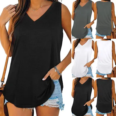 $13.29 • Buy Women's V Neck Sleeveless Vest Top Ladies Casual Loose Tank Blouse Solid T-shirt