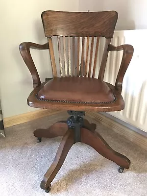 Antique / Vintage Oak Swivel Reclining Captains Desk Chair • £120