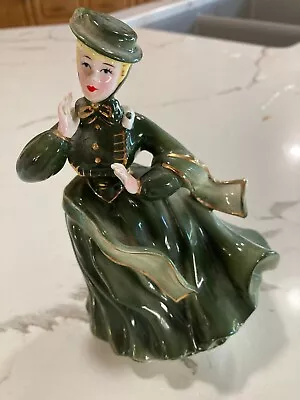 Vintage UCAGCO JAPAN Ceramics Lady Figurine  Green DRESS BLOWING IN THE WIND • $14.99