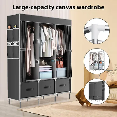 Canvas Fabric Wardrobe W/ 3 Storage Drawers +Hanging Rail Large Clothes Cupboard • £31.99