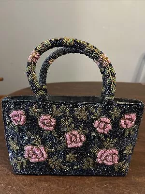 Vintage Fully Glass Beaded Black Purse With Pink Floral Design • $34.99