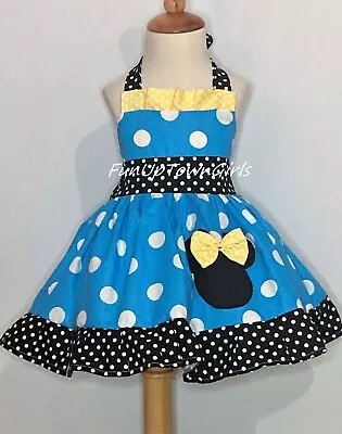 Girls Disney Birthday Minnie Mouse Turquoise Black White Polka Dots 12m To 6y • $34.99