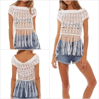 £5.99 • Buy Ex Miss Selfridge White Crochet Fringed Bardot Top On Or Off Shoulder RRP £39