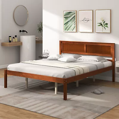 Queen Size Wooden Platform Bed Frame With Headboard Mattress Foundation Walnut • $179.99