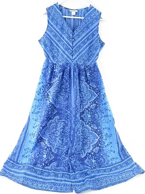 Appleseed's Petites Sun Dress 10P Blue Bandana Cotton Sleeveless Midi V Neck • $12.12