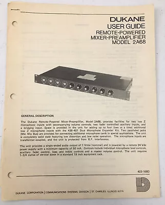 Vintage Dukane User Guide Remote Powered Mixer Preamplifier Model 2A68 Operating • $14.95