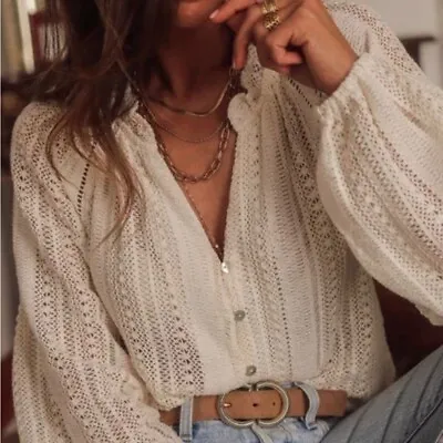XL New Cream Lace Long Sleeve V-Neck Button Front Blouse Boho Top Womens X-LARGE • $64.50