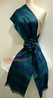 Black Watch Sash Rosette Scarf Green Blue Tartan Burns Night Scottish Costume  • £19.90