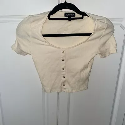 £9 • Buy Topshop Cream Beige Round Neck Button Up Tee Cropped Crop Tshirt Beige Size 8