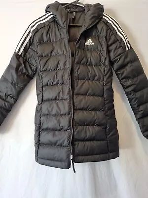 Adidas Black Long Quilted Puffer Jacket Hood Zipper Coat Sz Xs  • $99