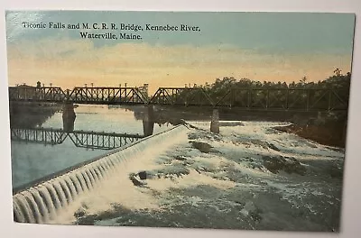 Ticonic Falls & MCRR Bridge Kennebec River Waterville ME Postcard • $4.75