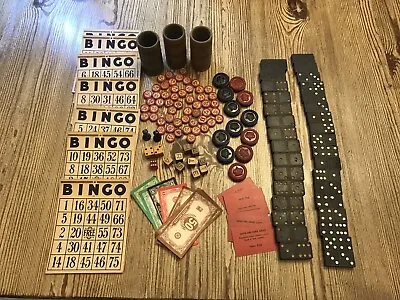 Vintage Game Pieces Bingo dice Checkers  Wood Dominoes Assorted Lot Crafts • $20