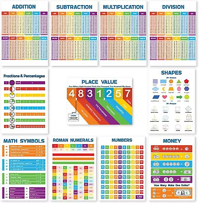 11 Pc Multiplication Math Posters Educational Times Table Chart For Kids 13x18 • $19.98