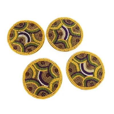 Set Of 4 MACKENZIE CHILDS Yellow Brown Beaded Drink Coasters Satin Back NEW • $19.99