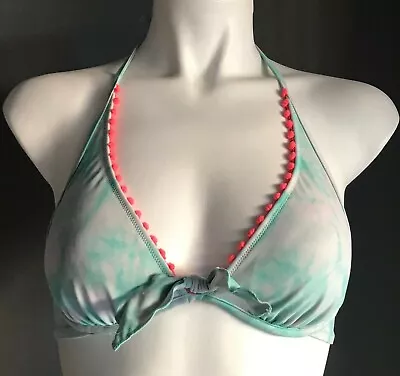 VICTORIA'S SECRET Green & White Tie Dye Bikini Top ONLY W Pom Pom Trim Size 32B • $4.99