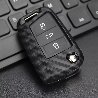 $10.88 • Buy Silicone Carbon Fiber Car Flip Key Case Cover For VW Golf MK7 Polo MK6 SEAT Leon