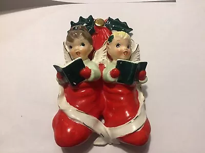 Vintage Napco Japan Christmas 2 Angels W/ Books In Stockings Wall Pocket • $64.99