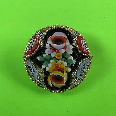 Vintage Micro Mosaic Round Brooch Pin Costume Jewelry Flower Design • $0.01