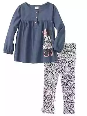 Disney Infant Girls Minnie Mouse Baby Outfit Denim Shirt & Pink Leopard Pants • $21.99