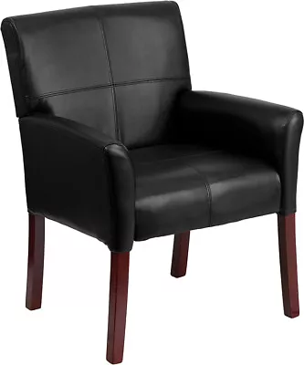 Black Leather Executive Office Side Reception Chair With Mahogany Legs  • $234.95