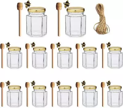 4oz Hexagonal Honey Jars - Glass Honey Jars With Gold Lids Wooden Dippers B... • $28.56