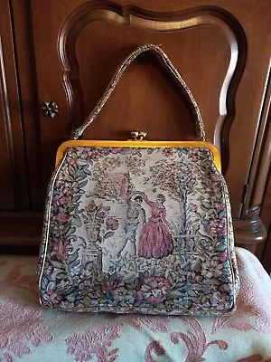 Vintage French Tapestry Purse Gold Tone Kiss Clasp And Chain Antique Handbag • $150