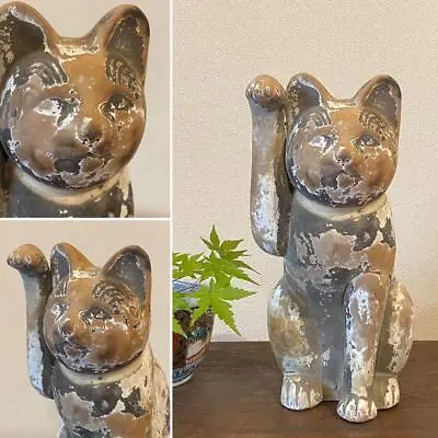 MANEKI NEKO Lucky Cat Pottery Statue 9 Inch MEIJI Japan Antique Figurine Figure • $559.90