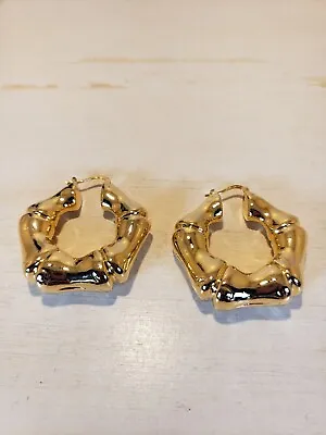 Vintage 18K Gold Plated Huge Bamboo Hoop Earrings G Italy 18K GP • $39